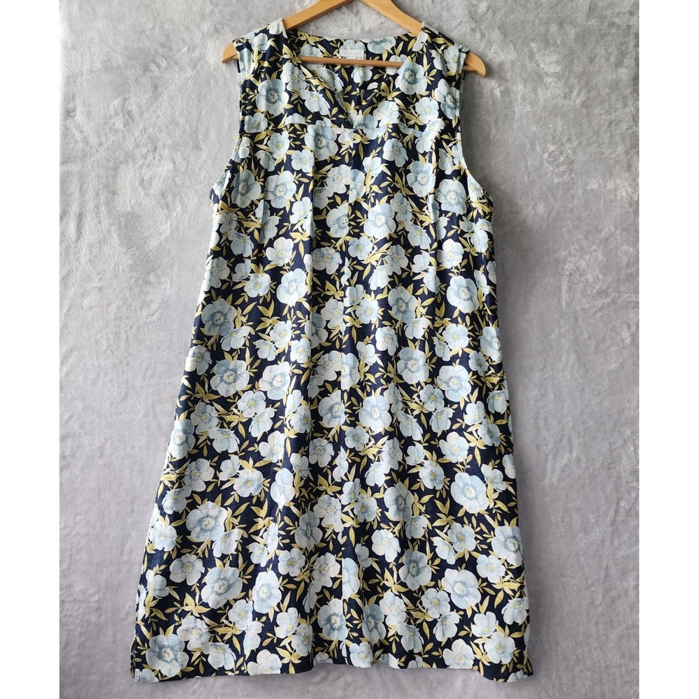 J. Jill Love Linen Dress Womens Size XL Navy Blue Floral Print Pockets Tank 100%